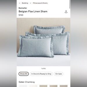 Pottery barn King Shams set of 2 hand stitched Belgian Linen Chambray Blue